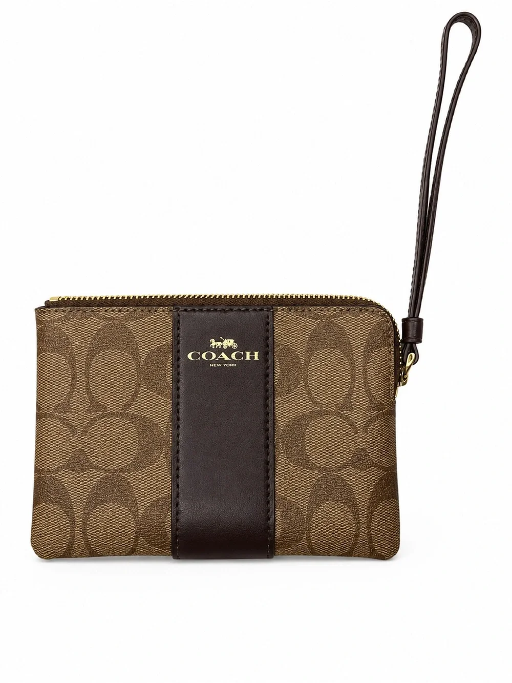 Coach Signature Canvas Corner Zip Wristlet Wallet Brown Gold